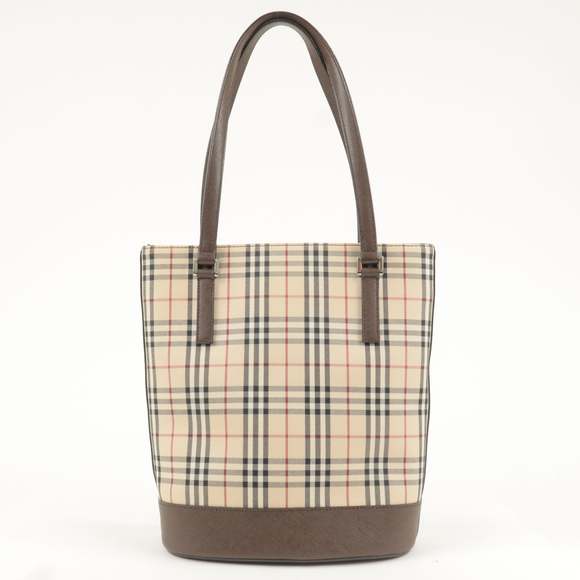 BURBERRY Canvas Leather Nova Plaid Tote Bag Beige Brown - Picture 3 of 16